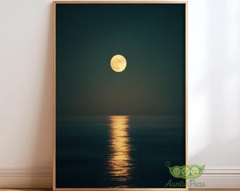 Moonlight Ocean Wall Art Print, Full Moon Night Seascape, Moody Coastal Decor, Dark Blue Sky Art, Minimalist Bedroom & Living Room Wall Art