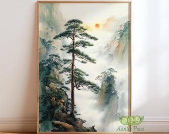 Japanese Mountain Landscape Print, Misty Pine Tree Wall Art, Traditional Asian Nature Decor, Zen Living Room Poster, Chinese Landscape Art
