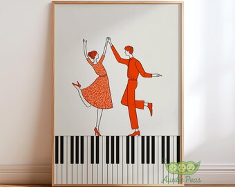 Arte mural de pareja bailando retro, ilustración de música moderna, impresión de teclas de piano, póster de danza jazz vintage, carrito de bar o decoración de pared para sala de estar.