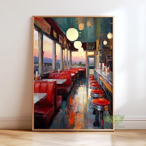 May include: A framed art print of a diner interior. The painting features red booths and stools, a long counter, and large windows with a sunset view. Overhead, there are round, white pendant lights. The artwork has a vintage, nostalgic feel.