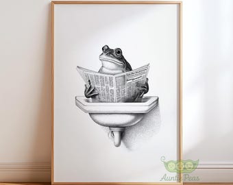 Stampa retrò di una rana nel lavandino, divertente decorazione murale per il bagno, poster stravagante di una rana, eccentrica opera d'arte di animali, arredamento vintage giocoso, arte retrò per il bagno