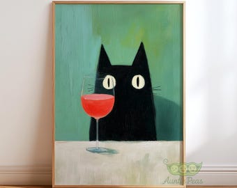 Schwarzweiß-Druck, wunderliche Bar Wandkunst, Retro Katzenmalerei, stimmungsvolles Küchendekor, abstraktes Tierplakat, Geschenk für Weinliebhaber