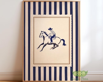 Vintage Western Cowboy Stamp Print, Blue Stripe Rodeo Wall Art, Rustic Horse Rider Poster, Antique Horse Artwork, Farmhouse Southwest Print
