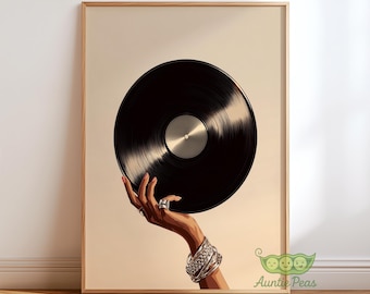 Vintage Vinyl Record Art Print, Retro Music Poster, Mid Century Modern Wall Art, Trendy Home Bar Decor, Classic Record Gift, Silver Chic