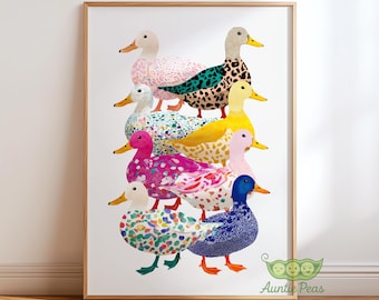 Colorful Duck Stack Art Print, Whimsical Patterned Ducks Poster, Playful Animal Wall Decor, Vibrant Nursery Artwork, Modern Kids Room Print