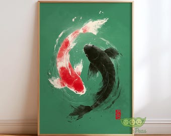 Arte mural de peces koi, pintura de estanque japonés, arte acuático zen, impresión asiática minimalista, decoración de pared estilo japandi, arte de naturaleza tranquila