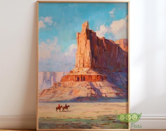 馬に乗ったカウボーイのキャニオンビューキャンバスアート、西部の風景
