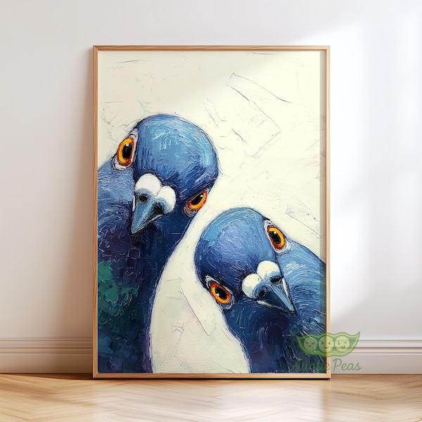 Whimsical Pigeons Art Print, Mid Century Retro Bird Poster, Funny Animal Wall Art, Quirky Home Decor for Kitchen or Living Room