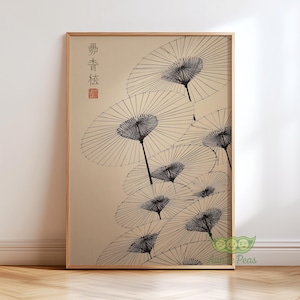 May include: A framed print featuring a minimalist illustration of several Japanese paper umbrellas. The umbrellas are black and white, with delicate lines radiating from a central point. The background is a light beige, and the frame is a natural wood color.