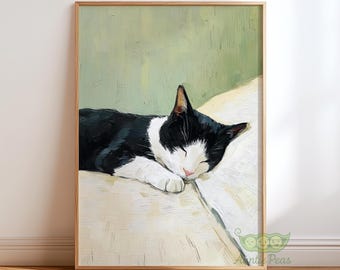 Sleeping Tuxedo Cat Print, Black and White Cat Wall Art, Cozy Cat Painting, Cat Poster, Peaceful Cat Lover Gift, Minimalist Feline Decor