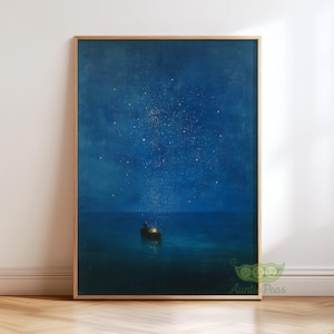 グスタフ・クリムトの夜の海のプリント、星空のボートの絵画、夢のよう