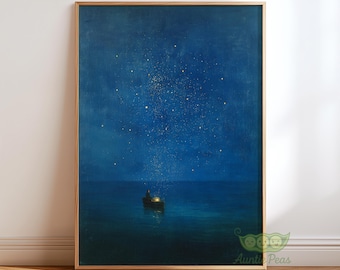 Gustav Klimt Night Sea Print, Starry Boat Painting, Dreamy Blue Ocean Wall Art, Surreal Modern Vintage Poster, Tranquil Celestial Sky Decor