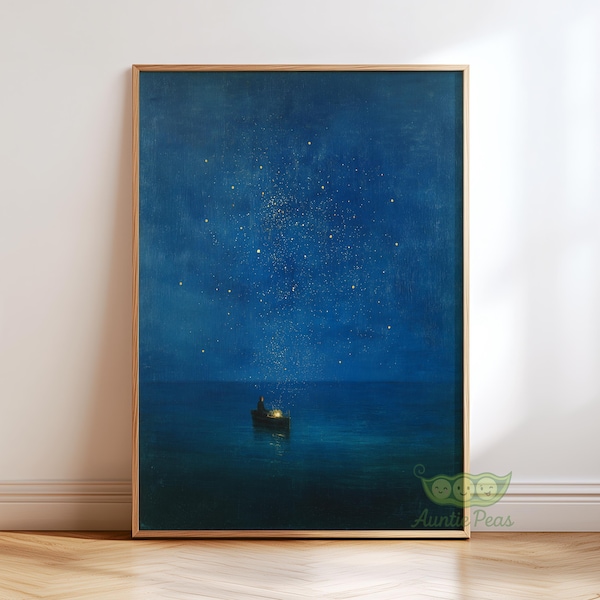 Gustav Klimt Night Sea Print, Starry Boat Painting, Dreamy Blue Ocean Wall Art, Surreal Modern Vintage Poster, Tranquil Celestial Sky Decor