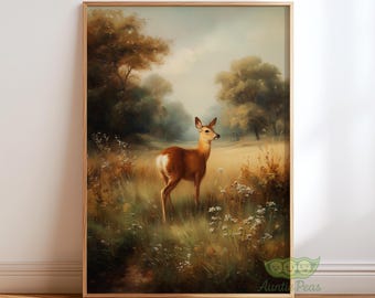 Vintage Deer Wall Art, Woodland Animal Print, Rustic Countryside Poster, Dark Academia Nature Decor, Cottagecore Farmhouse Gift, Country Art