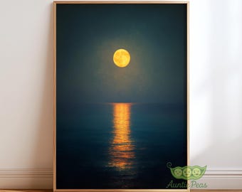 Moonlight Ocean Wall Art Print, Full Moon Night Seascape, Moody Coastal Decor, Dark Blue Sky Art, Minimalist Bedroom & Living Room Wall Art