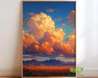 Western Landscape Wall Art, Desert Sunset Print, Vibrant Cloud Poster, Colorful Southwestern Decor, Rustic Mountain Wall Art