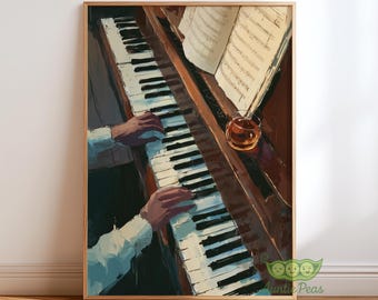 May include: A framed art print of a piano with a glass of amber liquid and sheet music. The piano keys are black and white, and the hands of a person are playing the piano. The artwork has a warm, inviting color palette.