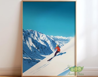 Skiing Wall Art, Minimalist Mountain Ski Poster, Winter Alpine Landscape Print, Modern Snow Sports Artwork, Ski Lodge Art