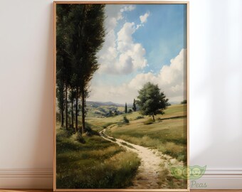 Vintage Countryside Landscape Wall Art, Rustic Farmhouse Painting Print, French Country Decor, Cottagecore Scenic Poster, Earthy Nature Art