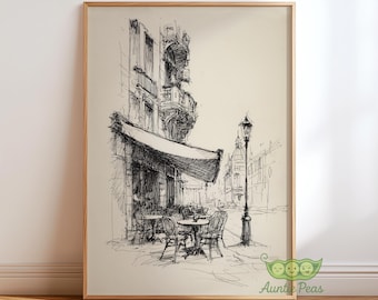 Vintage Parisian Cafe Sketch Print, French Street Wall Art, Minimalist Cityscape Drawing, Classic Bistro Art, Black and White Urban Decor
