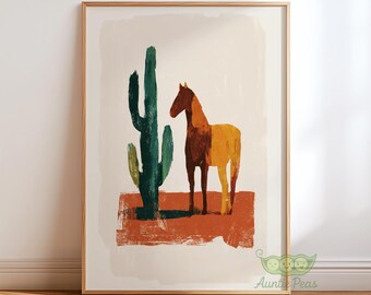 Moderne western paard en cactus muurkunst, minimalistische woestijn print, rustieke boho poster, aards zuidwesten decor, cowboy kinderkamerkunstwerk