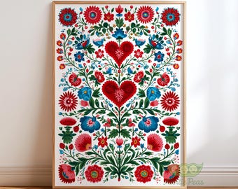 Scandinavian Floral Wall Art, Nordic Folk Print, Heart Motif, Colorful Cottagecore Poster, Vintage Boho Home Decor, Romantic Gift Idea
