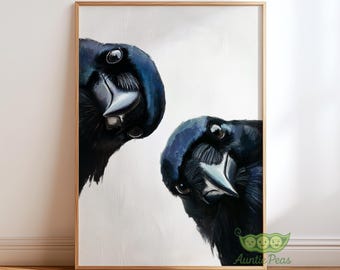 Whimsical Crows Wall Art, Curious Bird Painting, Raven Portrait Art Print, Moody Animal Artwork, Modern Rustic Home Decor, Bird Lover Gift
