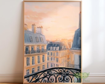 Paris Balcony View Wall Art, Romantic French Rooftop Poster, Haussmann Architecture Print, Parisian Cityscape Decor, Sunset Illustration