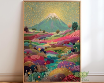 Abstract Mount Fuji Landscape Wall Art, Colorful Japanese Nature Poster, Vibrant Dot Painting, Modern Asian Wall Decor, Mt Fuji Print
