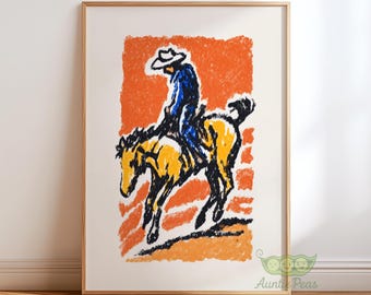 Retro Bucking Bronco Wall Art, Vintage Cowboy Print, Burnt Orange Western Poster, Rodeo Horse Art, Rustic Desert Decor, Abstract Art