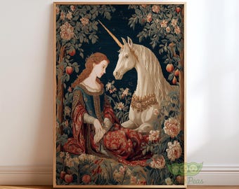 Medieval Unicorn Tapestry Print, Lady and the Unicorn Wall Art, Renaissance Fantasy Poster, Classical Mythical Decor, Fairytale Home Artwork