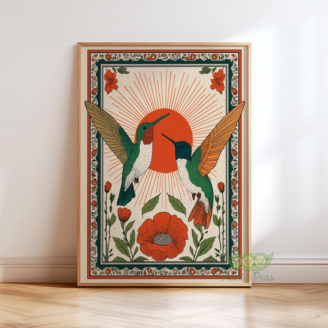Vintage Hummingbird Wall Art, Boho Botanical Bird Print, Retro Folk ...