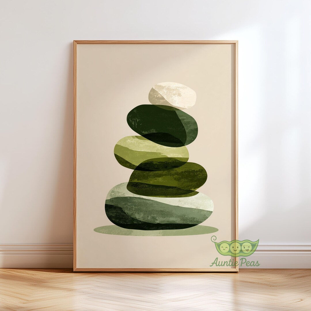 Green Zen Balance Wall Art, Stacked Stones Print, Japandi Minimalist ...