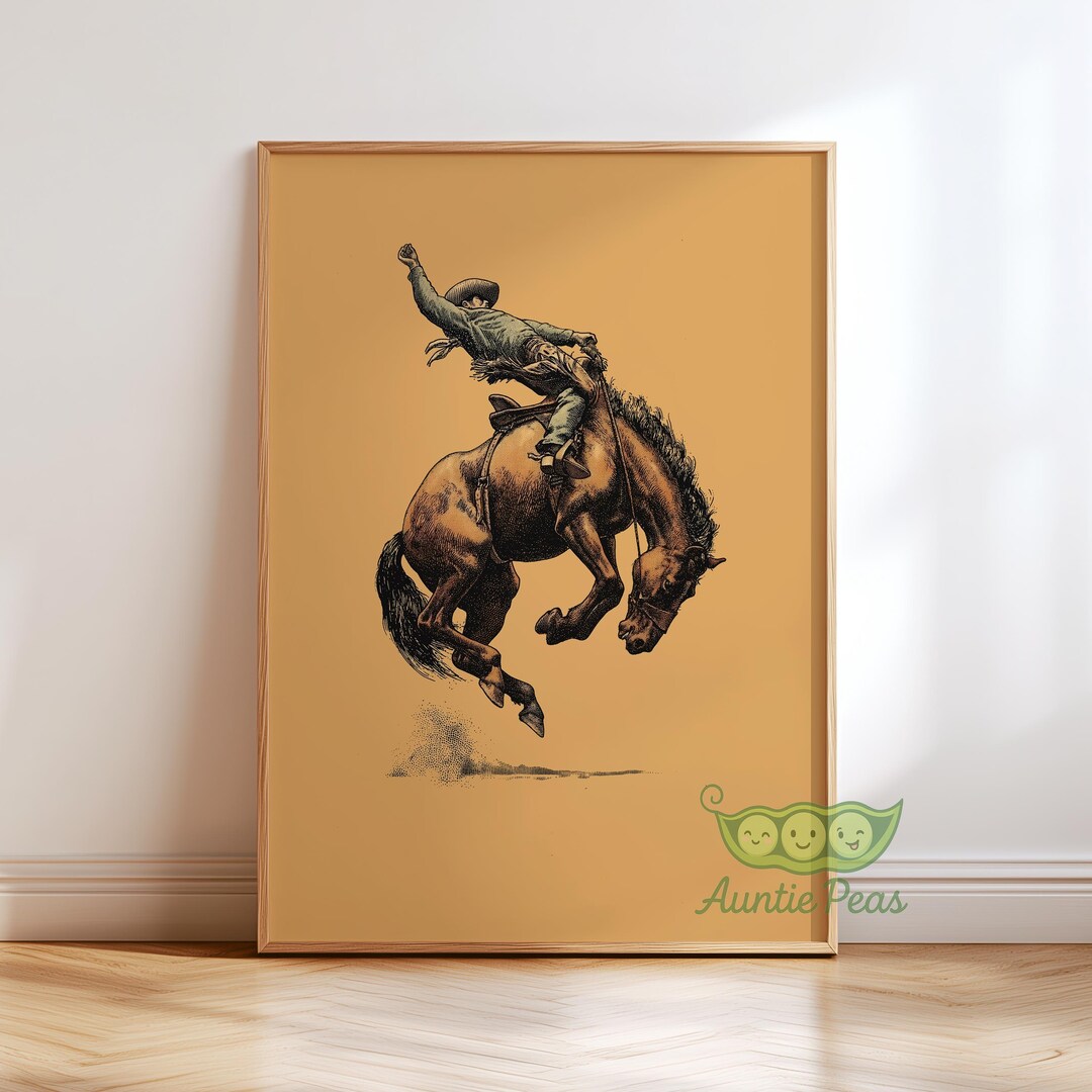 Vintage Rodeo Cowboy Wall Art, Bucking Bronco Western Print, Retro ...