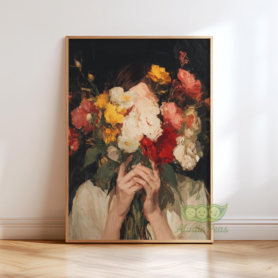 Woman Bouquet Oil Painting Wall Art, Figurative Floral Portrait ...