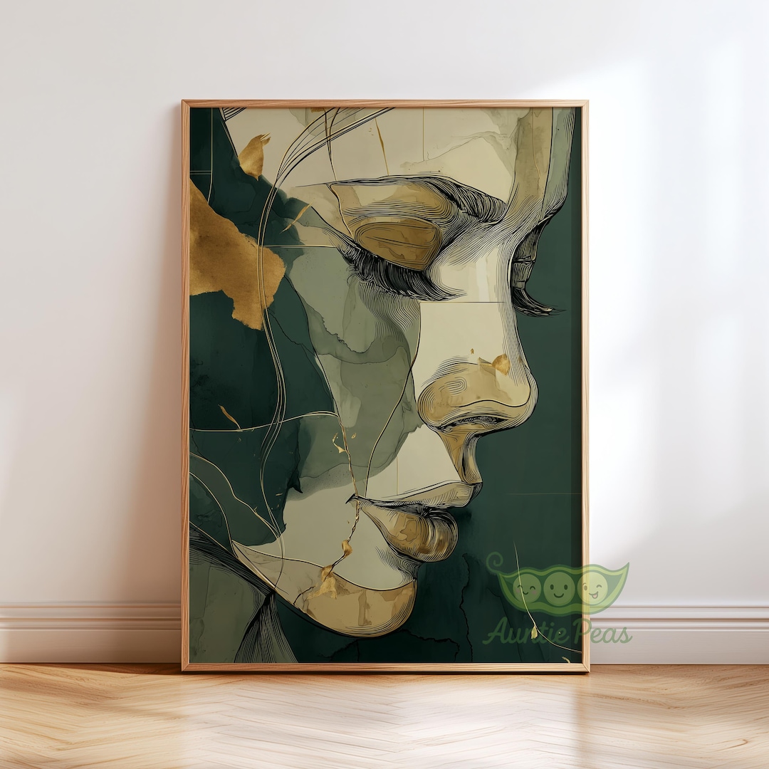 Abstract Woman Portrait Wall Art, Emerald Green Gold Line Art Print ...