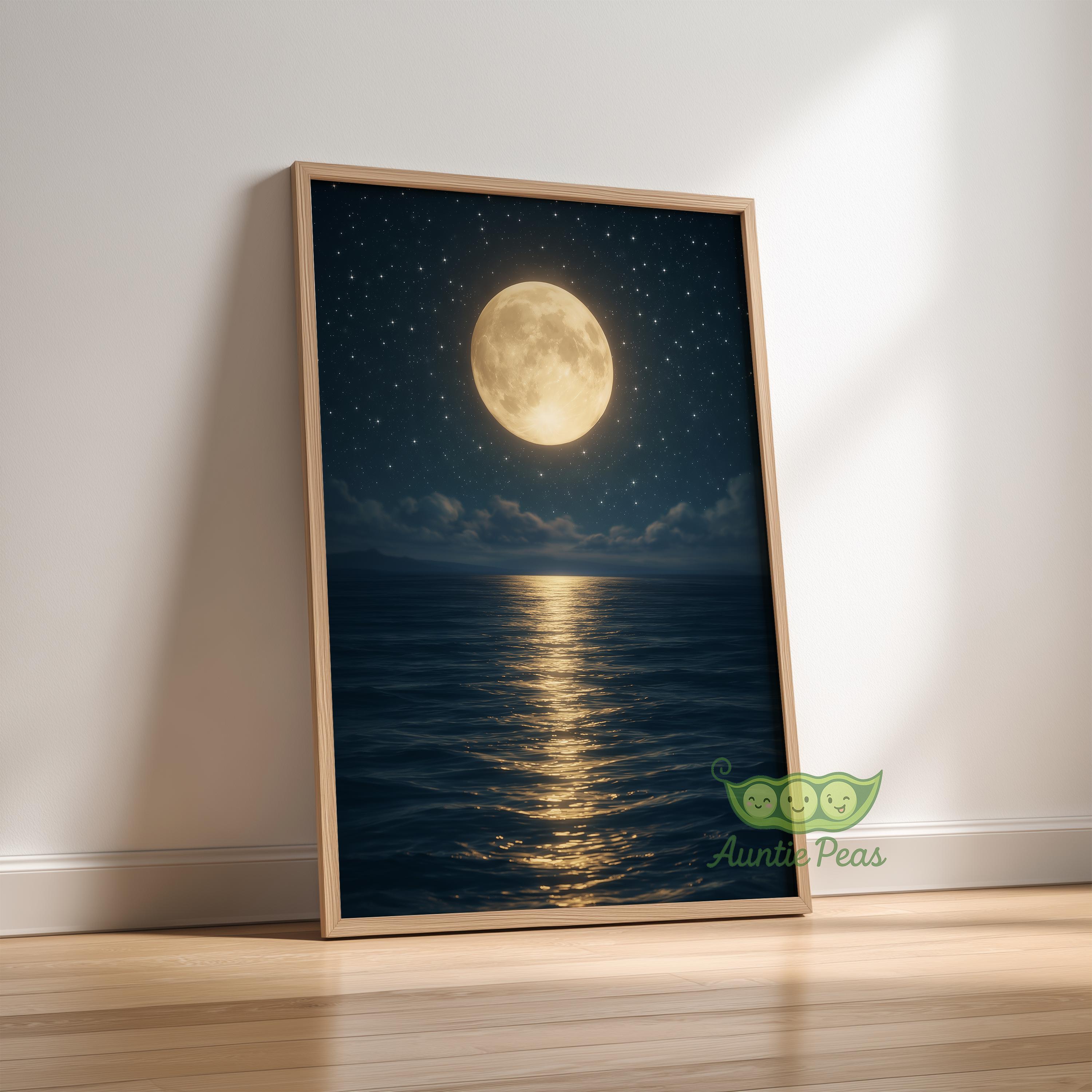 Framed Moonlight Ocean Wall Art Print, Moon Night Sea Painting, Moody ...