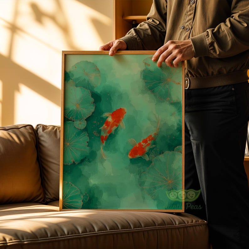 May include: A framed art print featuring two orange and white koi fish swimming in a green pond with lily pads. The artwork has a watercolor style with gold accents and is displayed in a natural wood frame.