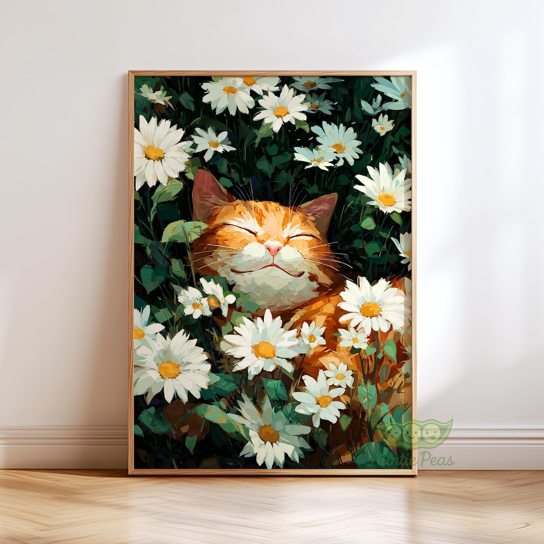 Smiling Cat Wall Art, Whimsical Floral Poster, Cottagecore Animal Print ...