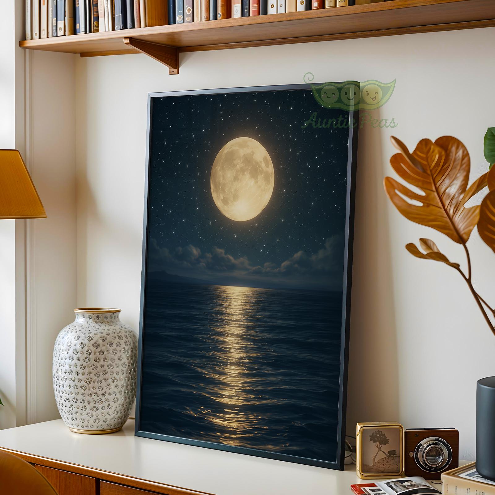 Moonlight Ocean Wall Art Print, Moon Night Seascape Painting, Moody ...