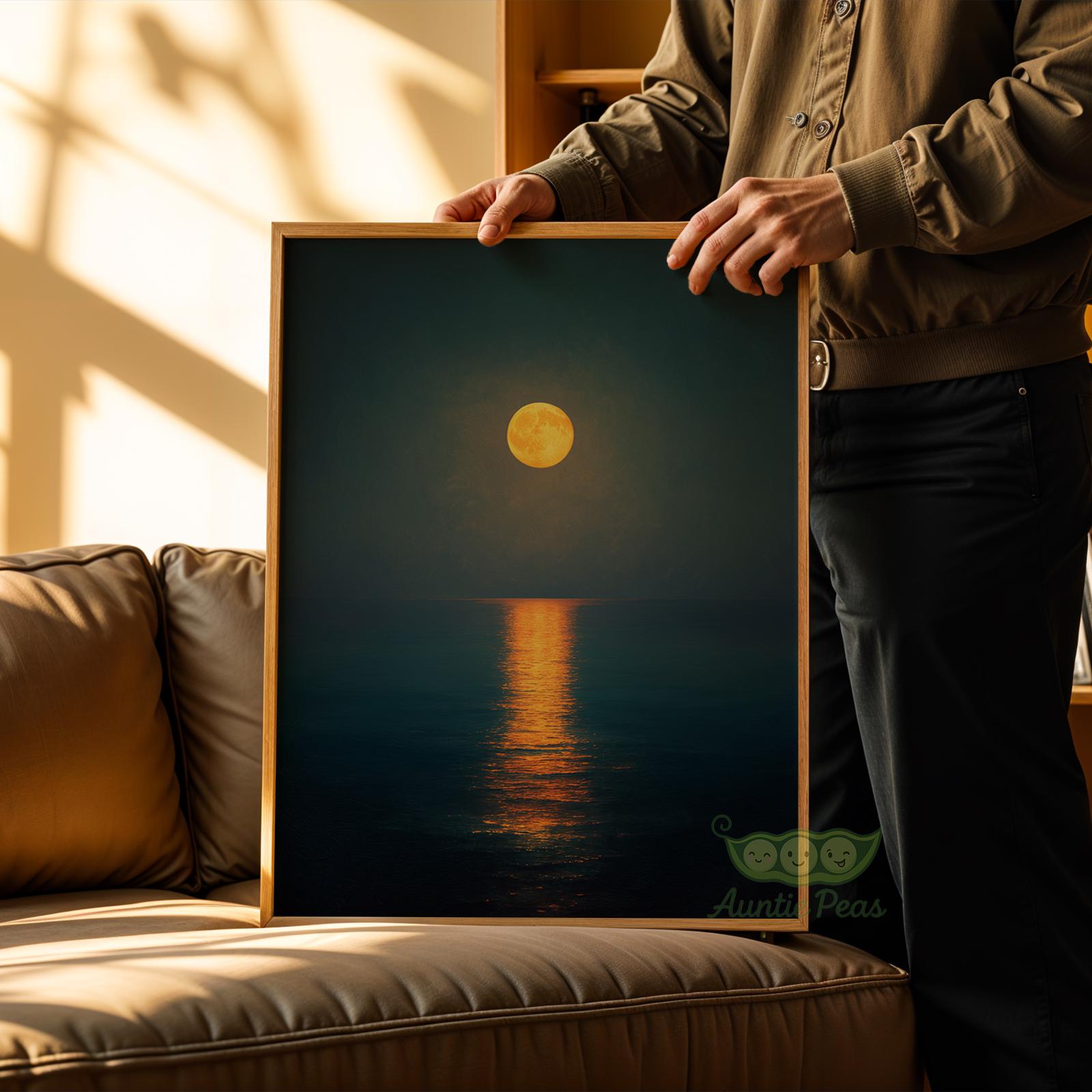 Moonlight Ocean Wall Art Print, Full Moon Night Seascape, Moody Coastal ...
