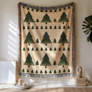 Pine Trees Woven Blanket – Winter Forest Throw, Minimalist Tree Pattern, Green Mosaic Blanket, Cozy Woodland Cabin Decor, Christmas Gift