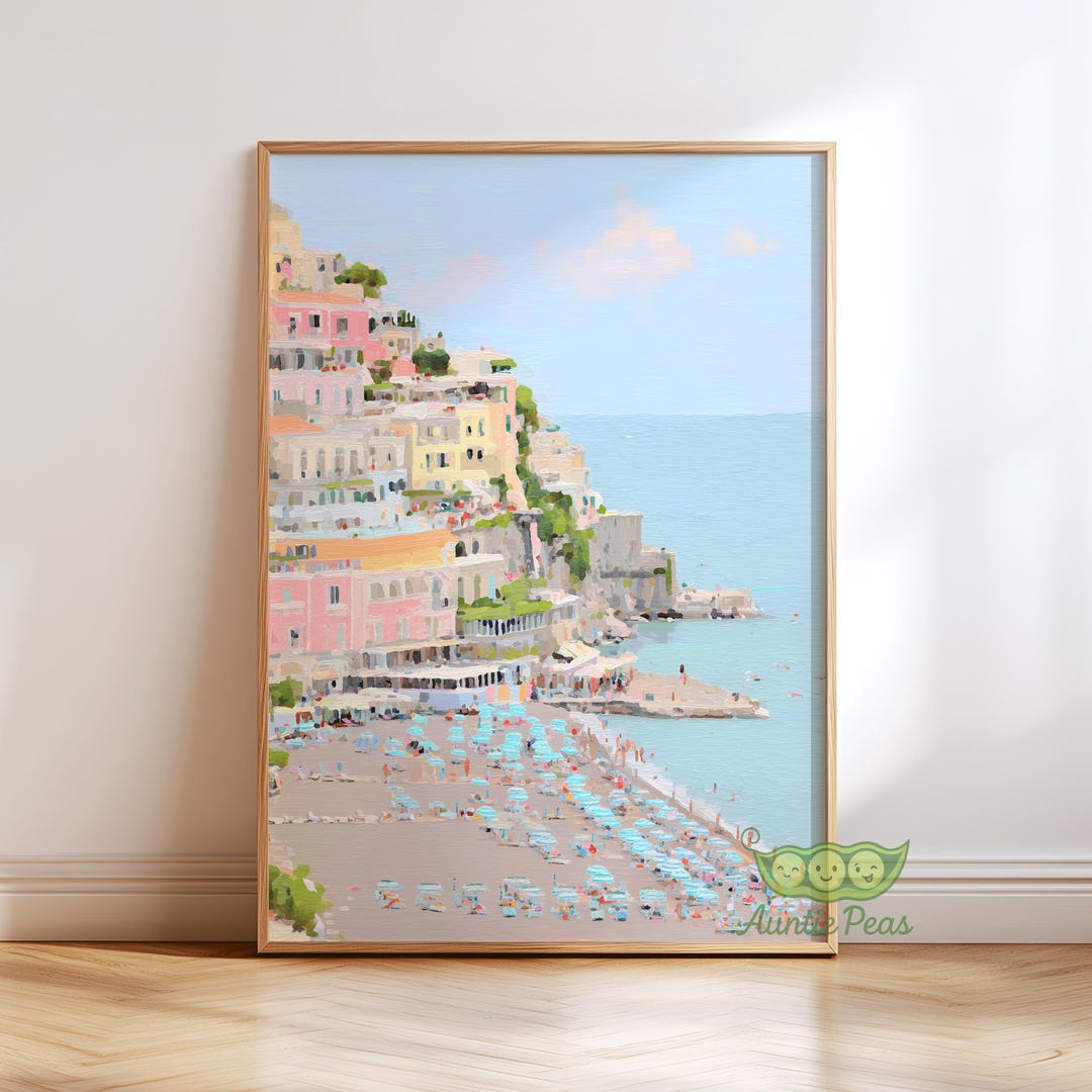 Hand Painted Coastal Beach Print, Pastel Seaside Town Wall Art ...