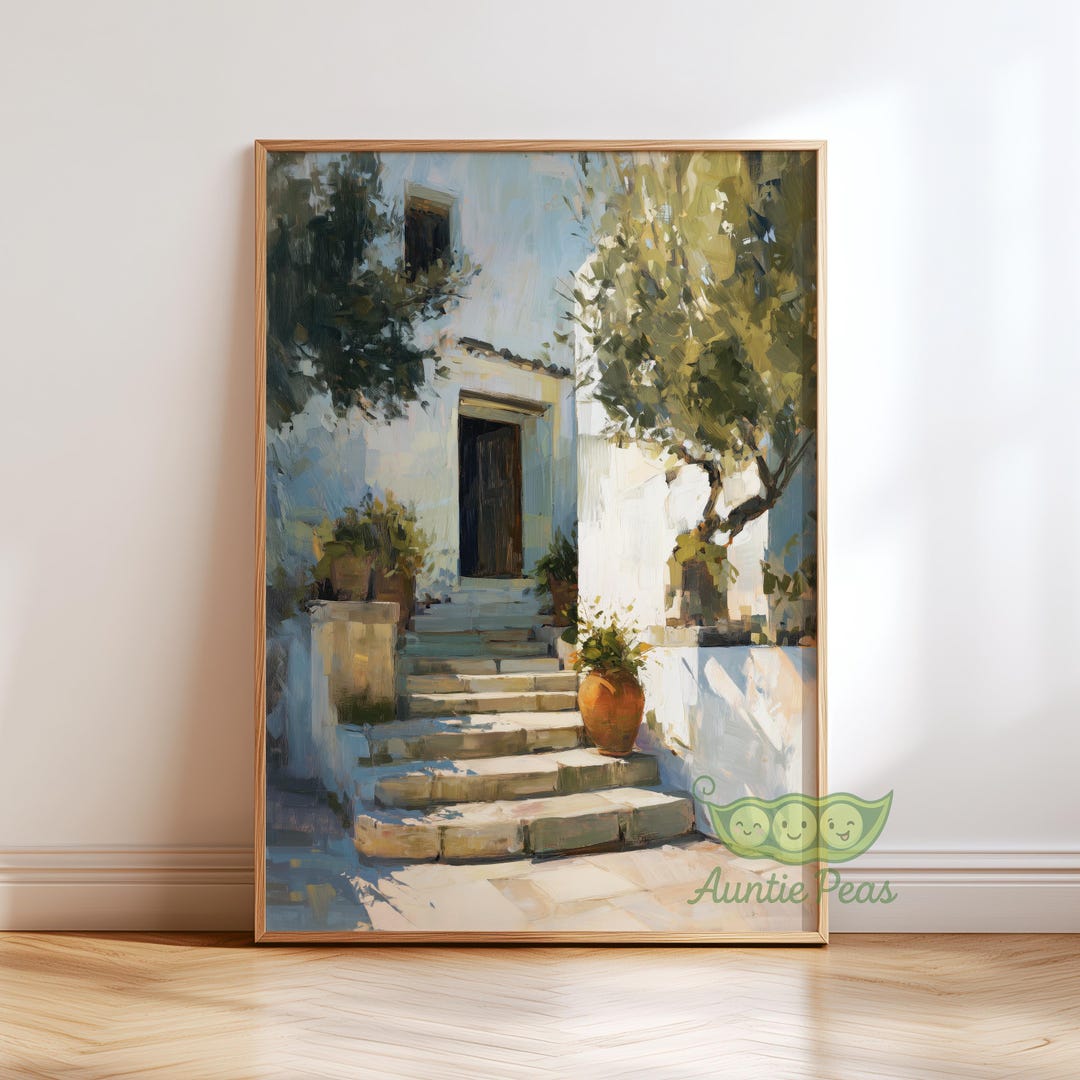 Mediterranean Villa Wall Art, Italian Stairway Painting, Coastal ...