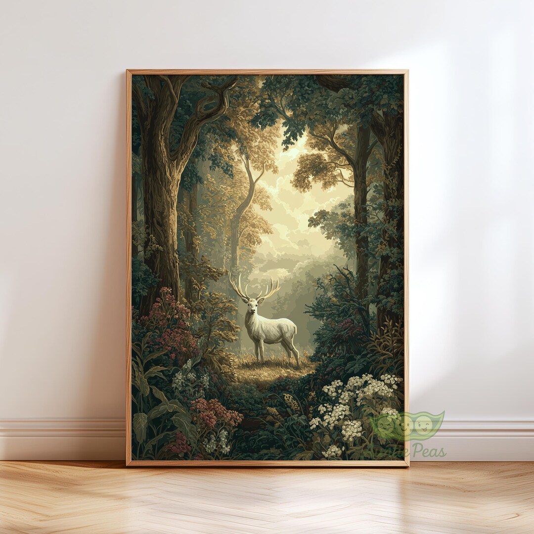 Enchanted Stag Forest Wall Art, Vintage Woodland Deer Poster, Mystical ...