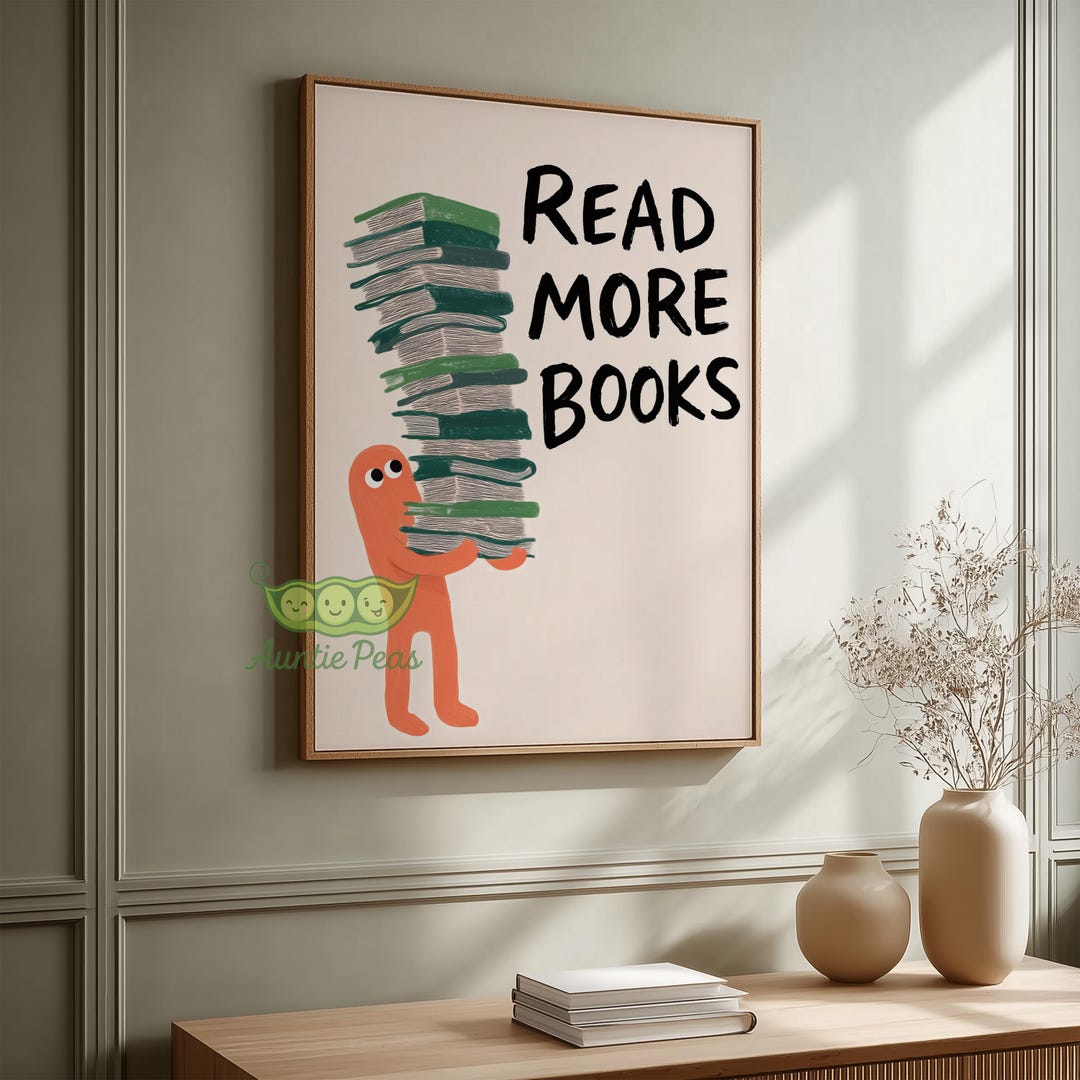 Read More Books Wall Art, Funny Book Lover Poster, Retro Hand Drawn ...