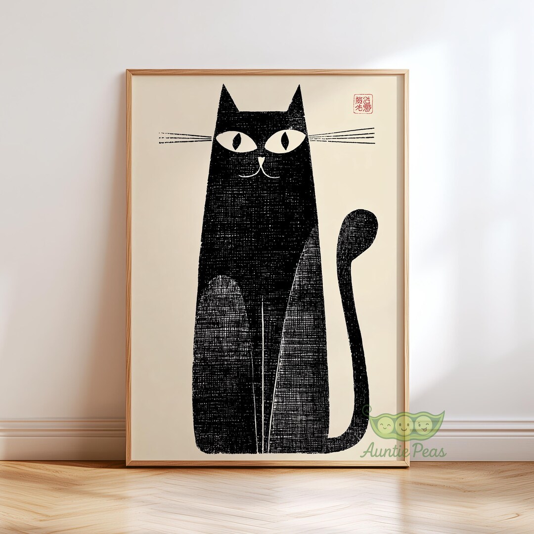 Japanese Black Cat Wall Art, Vintage Cat Print, Minimalist Woodblock ...