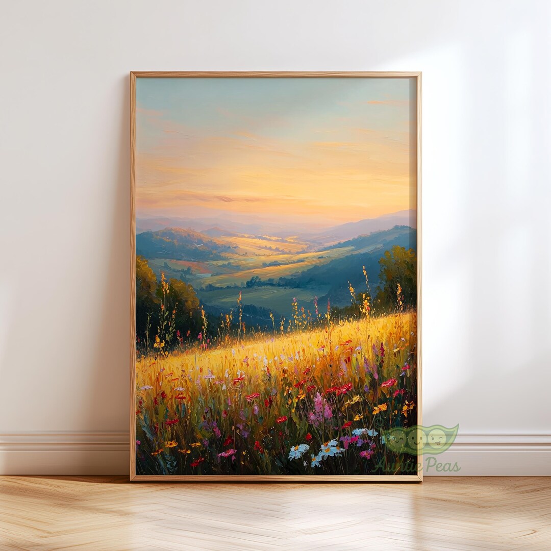 Golden Sunset Landscape Wall Art, Wildflower Oil Painting, Warm ...