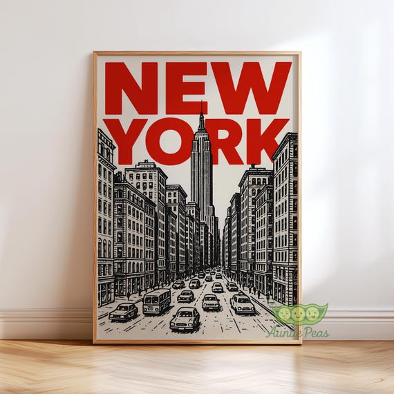 New York City Poster, Vintage NYC Wall Art, Retro Skyline Illustration, Urban Street Scene Print, Modern City Decor