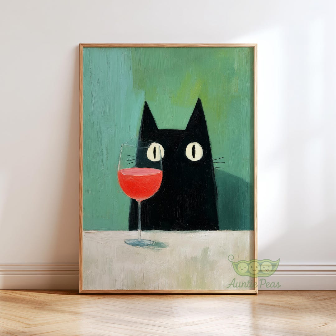 Black Cat With Wine Glass Print, Whimsical Bar Wall Art, Retro Cat ...